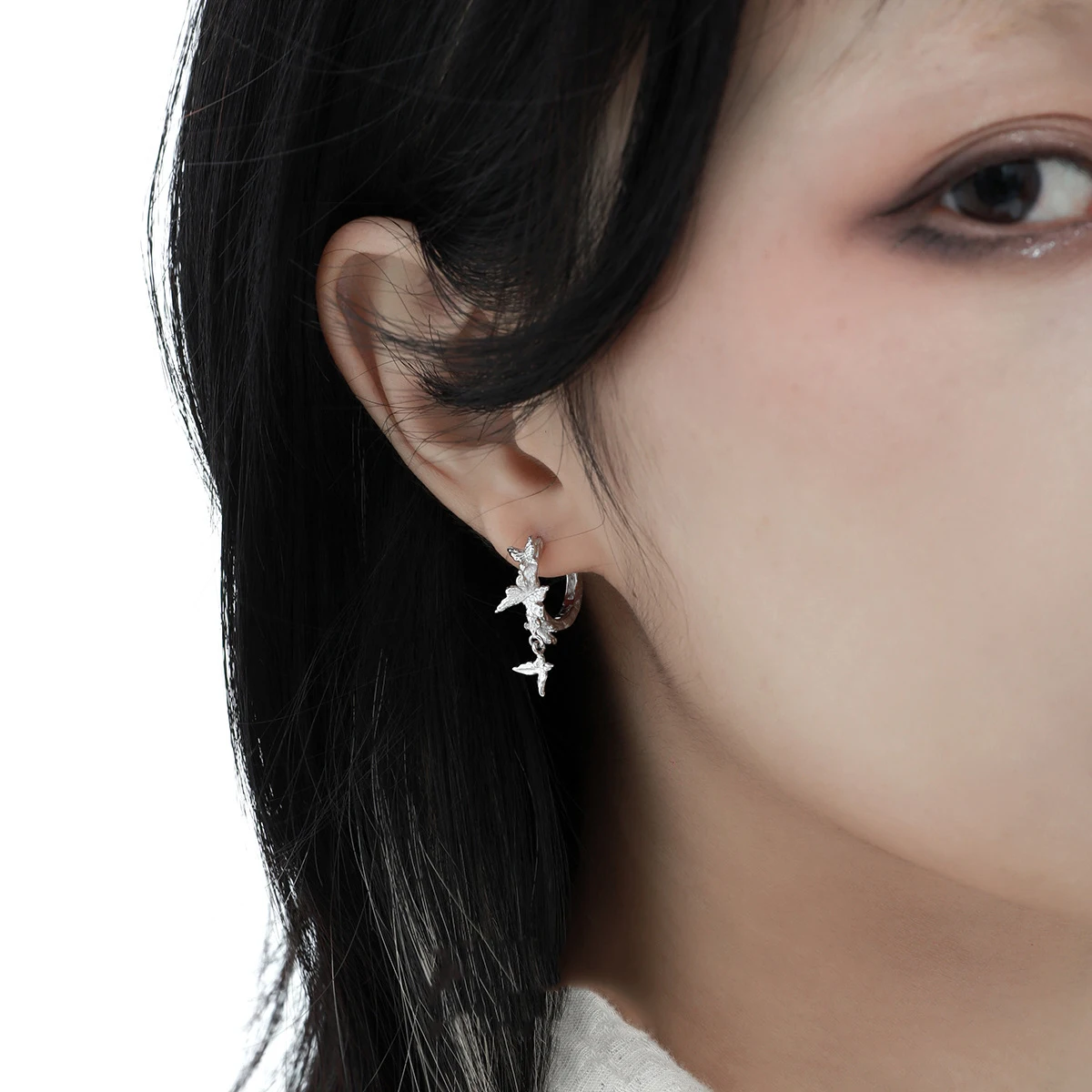 F.I.N.S Original Irregular Butterfly S925 Sterling Silver Hoop Earrings Minimalist Textured Round Piericng Ear Buckles Jewelry view 5