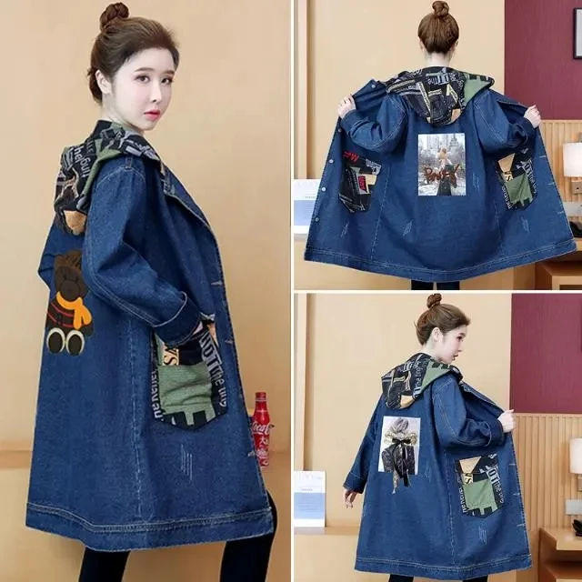 

New Large Size Denim Jacket Women's Mid-Length Jeans Coat Casual Hooded Denim Windbreaker Fashion Cartoon Print Jean Denim Coats