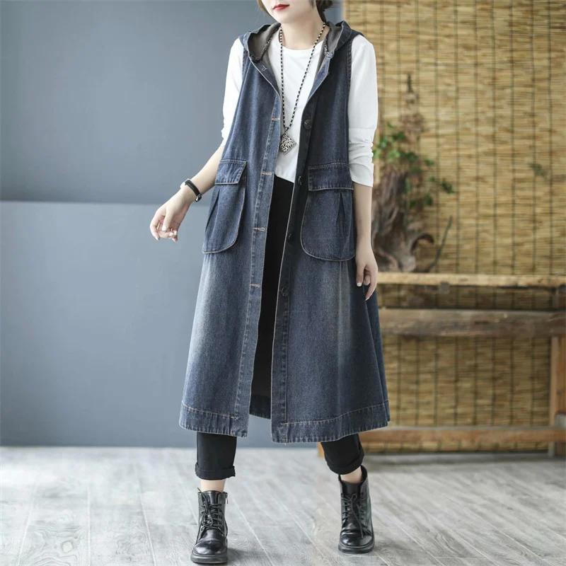 Denim Vest Women New 2024 Autumn Korean Mid-length Hooded Button Loose Vintage Waistcoats Female Sleeveless Jeans Vest Women