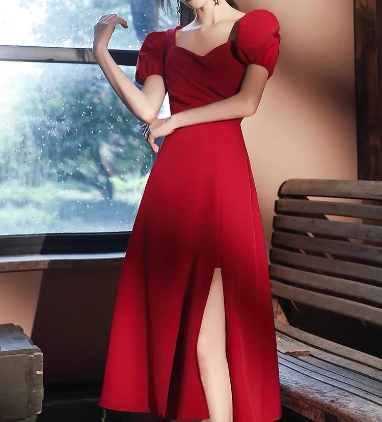 Vestido de noche elegante Borgoña 2025, corte en A, cuello cuadrado, manga abombada, Sexy, abertura larga, vestido Formal para fiesta de graduación, vestido de fiesta para mujer, nuevo