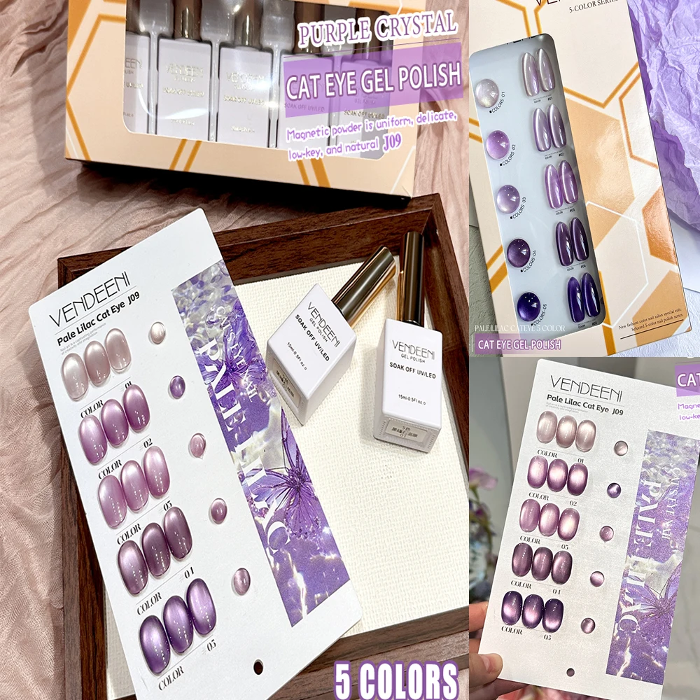 Vendeeni 5 colori/set smalto per unghie gel Cat Eye cristallo viola UV LED trasparente magnetico per manicure con carta colorata