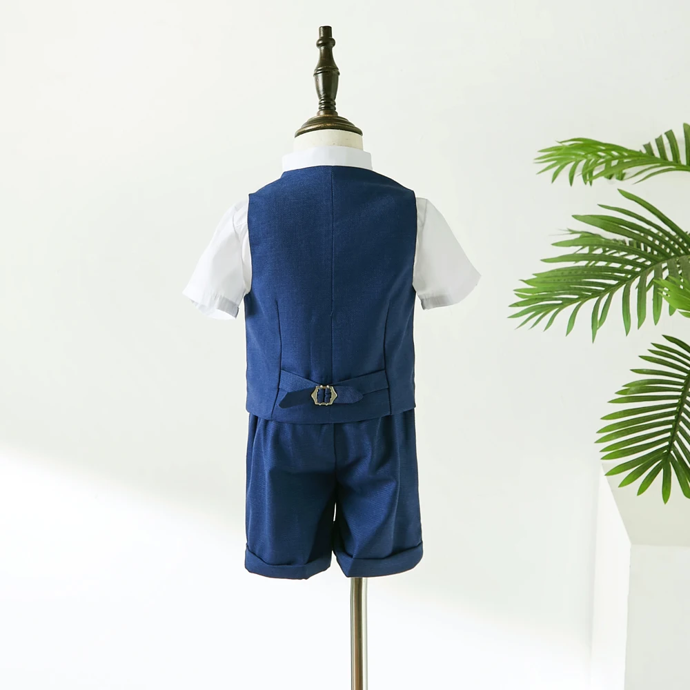 Baby Clothing Set Kids Blue Vest Suspenders Shorts Bowtie Flower 4PS Ceremony Photograph Suit Flower Boys Performance Costume