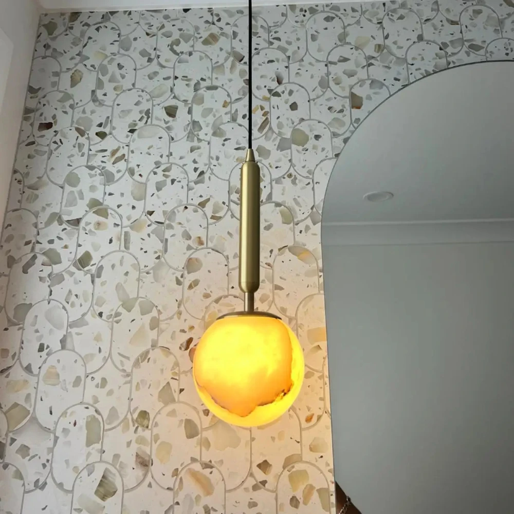 Modern Natural Marble All Copper Chandelier Single Head Bedroom Bedside Lamp Restaurant LED Alabaster Pendant Lamp Indoor Decor