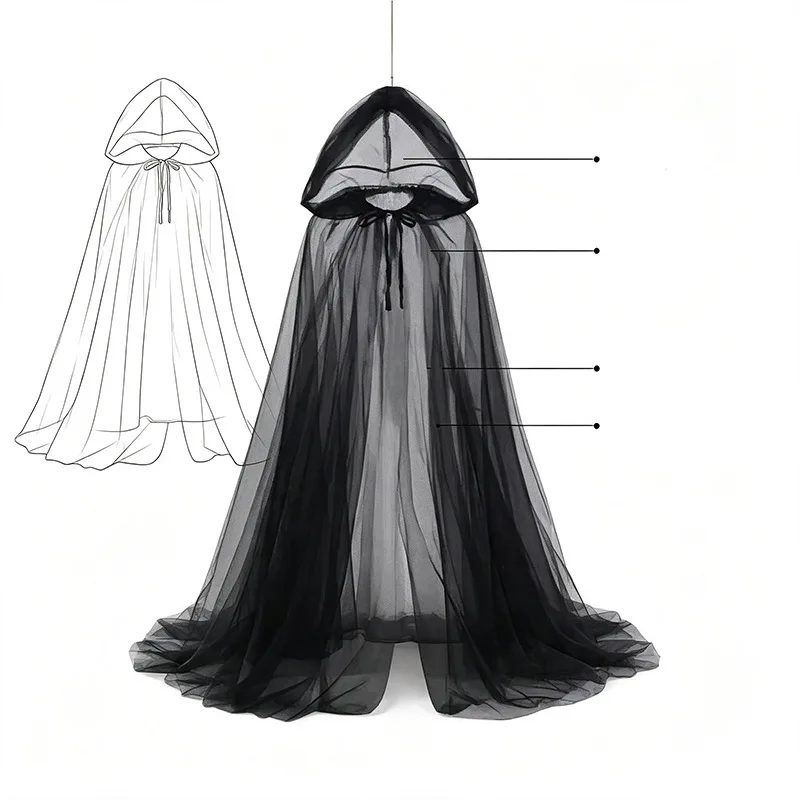 Damen Halloween Schwarzer Transparenter Tüllumhang Langer Kapuzenumhang Geister-Hexe-Vampir-Cosplay-Kostüm Karnevalsparty Faschingskleid – Detail 6