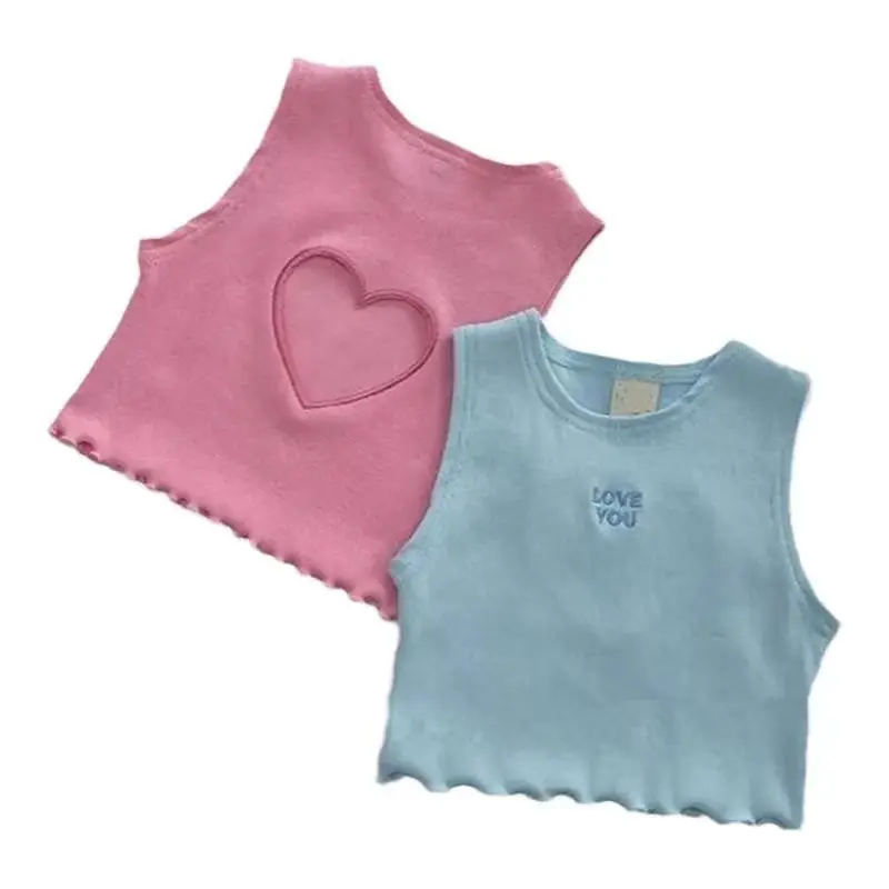 Korea Summer Kids Clothes  Baby Girls Vest Cute Hollow Heart Pink Blue Vest Toddler Fashion Cropped Top Y2k Tee Tops 80-130cm