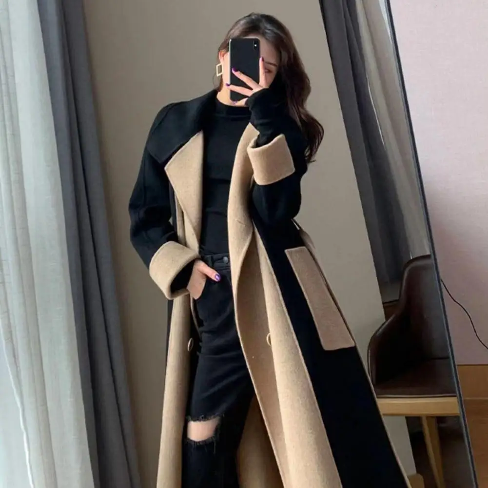 Autumn Winter Women Coat Color Matching Turn-down Collar Double-breasted Mid Length Lady Coat Double-sided Female Overcoat