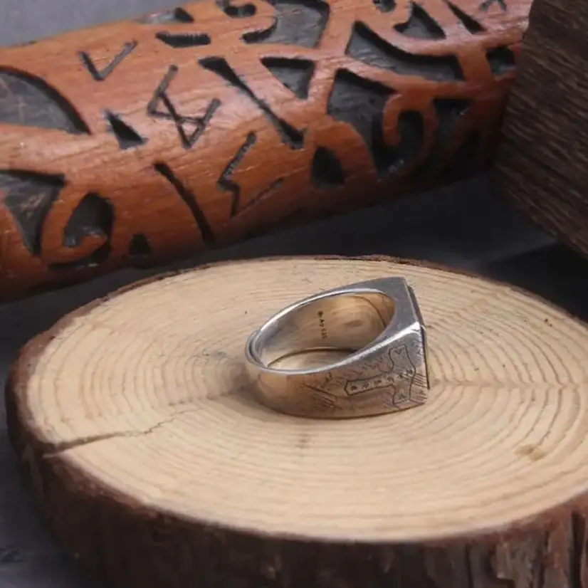 925 sterling silver Thor’s Hammer Mjölnir and vegvisir ring as gift with vintage wood viking box