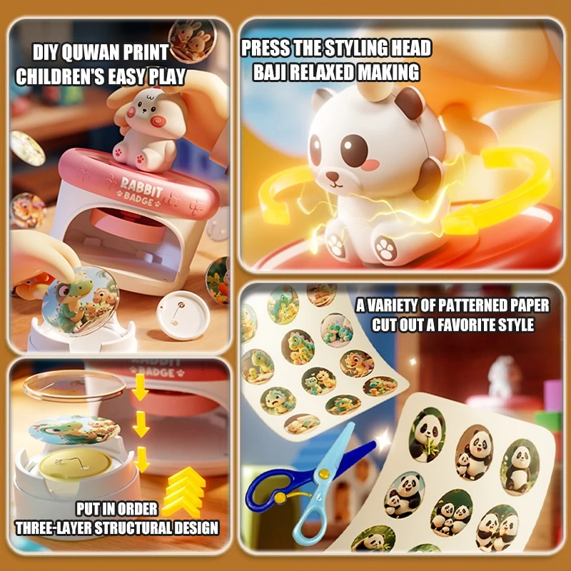 Children Cartoon Badge Making Machine DIY Craft Toys Creative Mini Hand-hold Press Badge Fun Educational Toy Gifts for Boys Girl