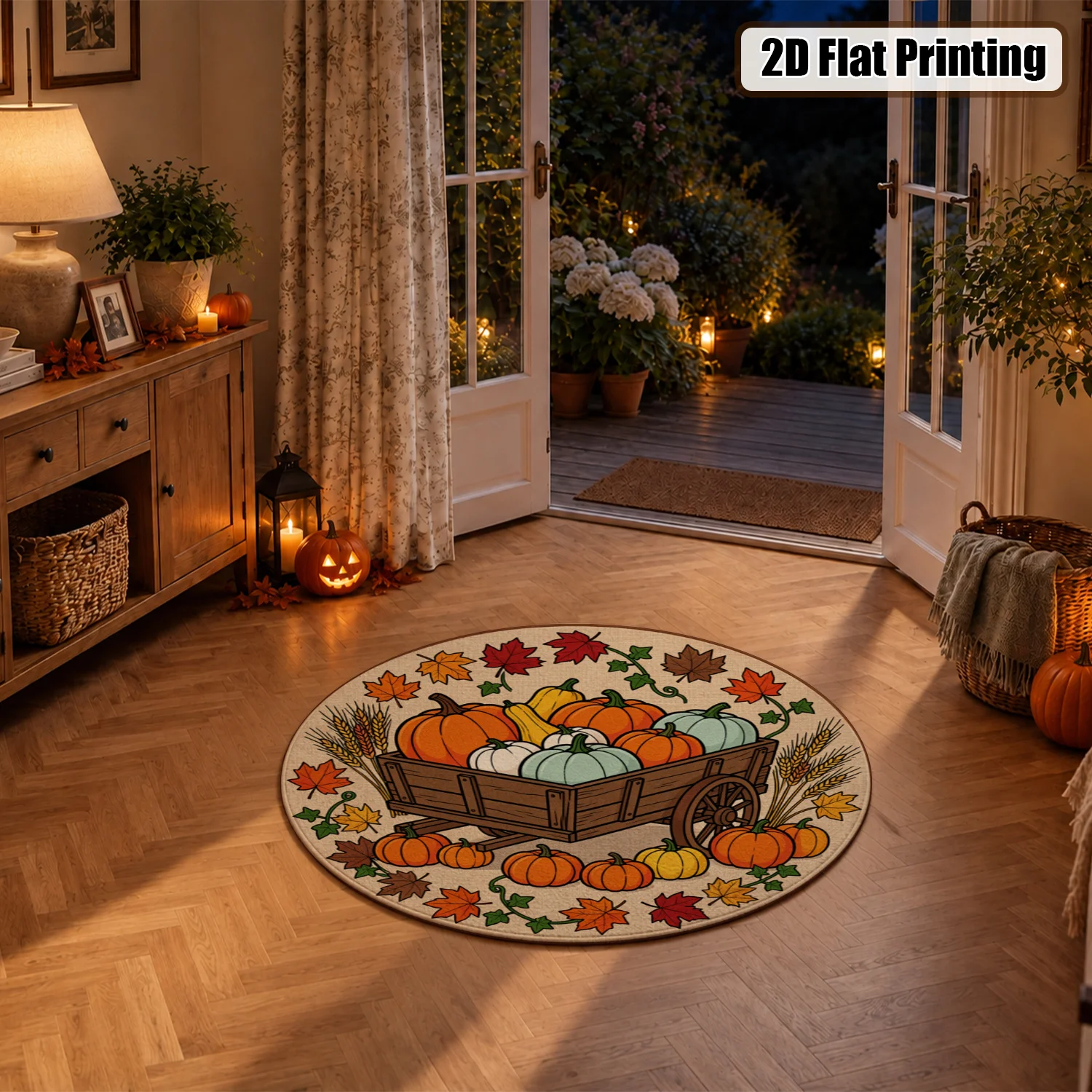 Autumn Pumpkin Wagon Maple Leaves Round Velvet Decorative Mat, Machine Washable Floor Mat Stays Firmly in Place, Suitable for Entryway Living Room Kitchen Porch, Ideal for Halloween Thanksgiving Christmas New Year Black Friday Home Decor