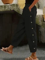 Plus Size Women's Solid Color Casual Straight-Leg Button Pants Dark Blue Comfortable All Season Wear No Stretch Pants - Image 4