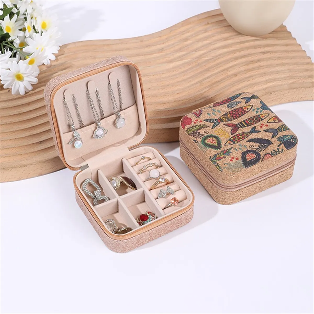 [N84R] 4PCS Vintage Cork Jewelry Boxes Square-Shape Flower Printed Zipper Jewelry Case Portable Necklace Earrings Storage Box