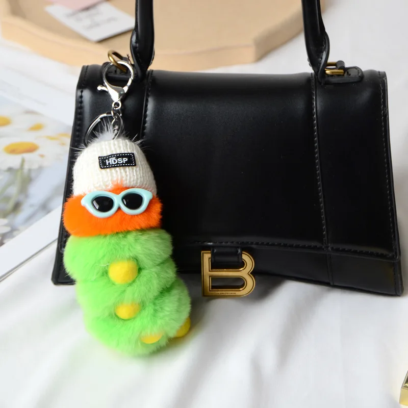 Kleurrijke pluche rupsen schattige sleutelhanger met zonnebril zacht konijnenbont dier pompom hanger met sleutelhangers voor dames handtas