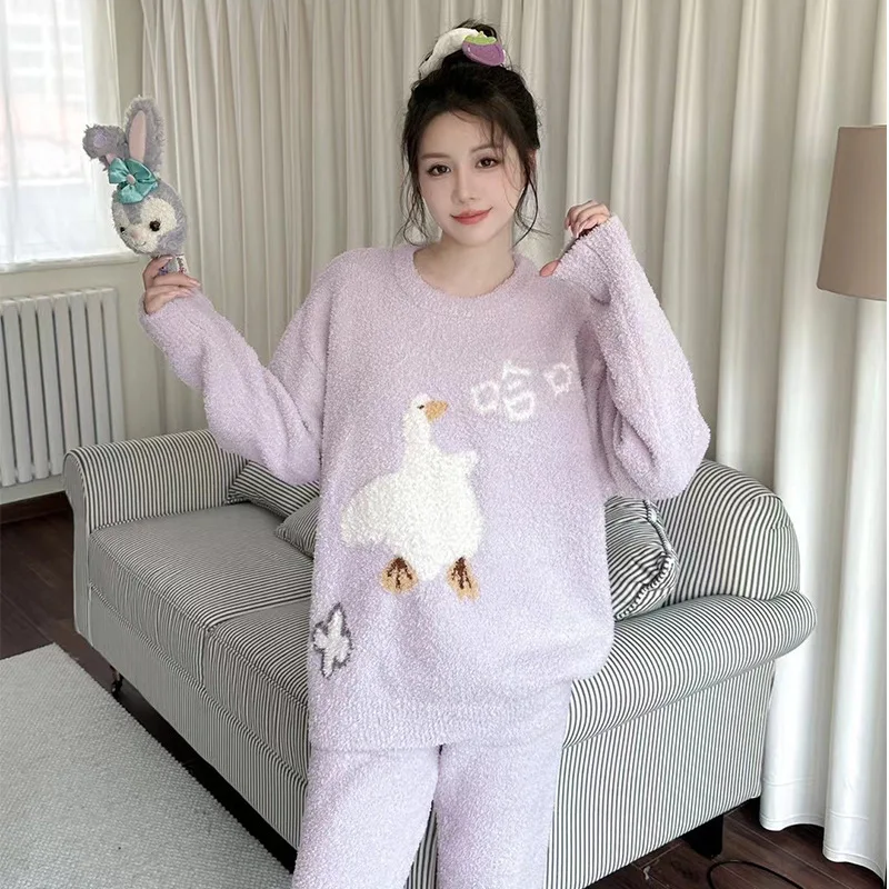 Soft And Fluffy Women's Sleepwear, Autumn Winter Long Pants, Sleeves, Big White Goose Print Home Suit Set, Can Be Worn Outsi