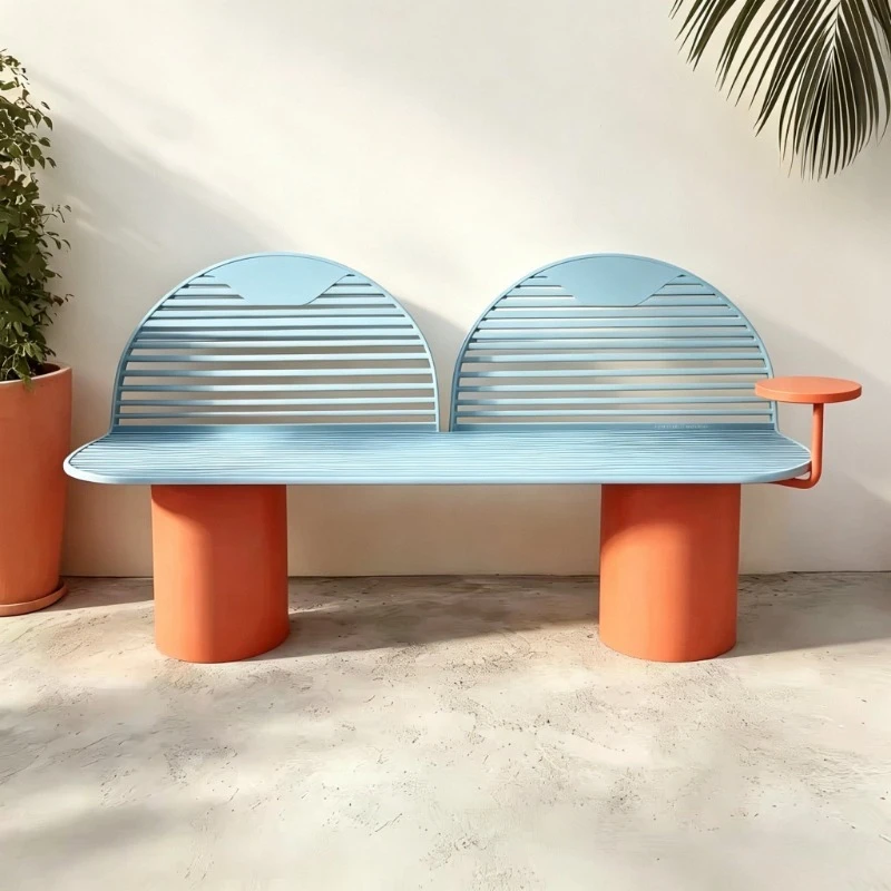 Outdoor double bench semi-arc contrasting color park attractions color matching