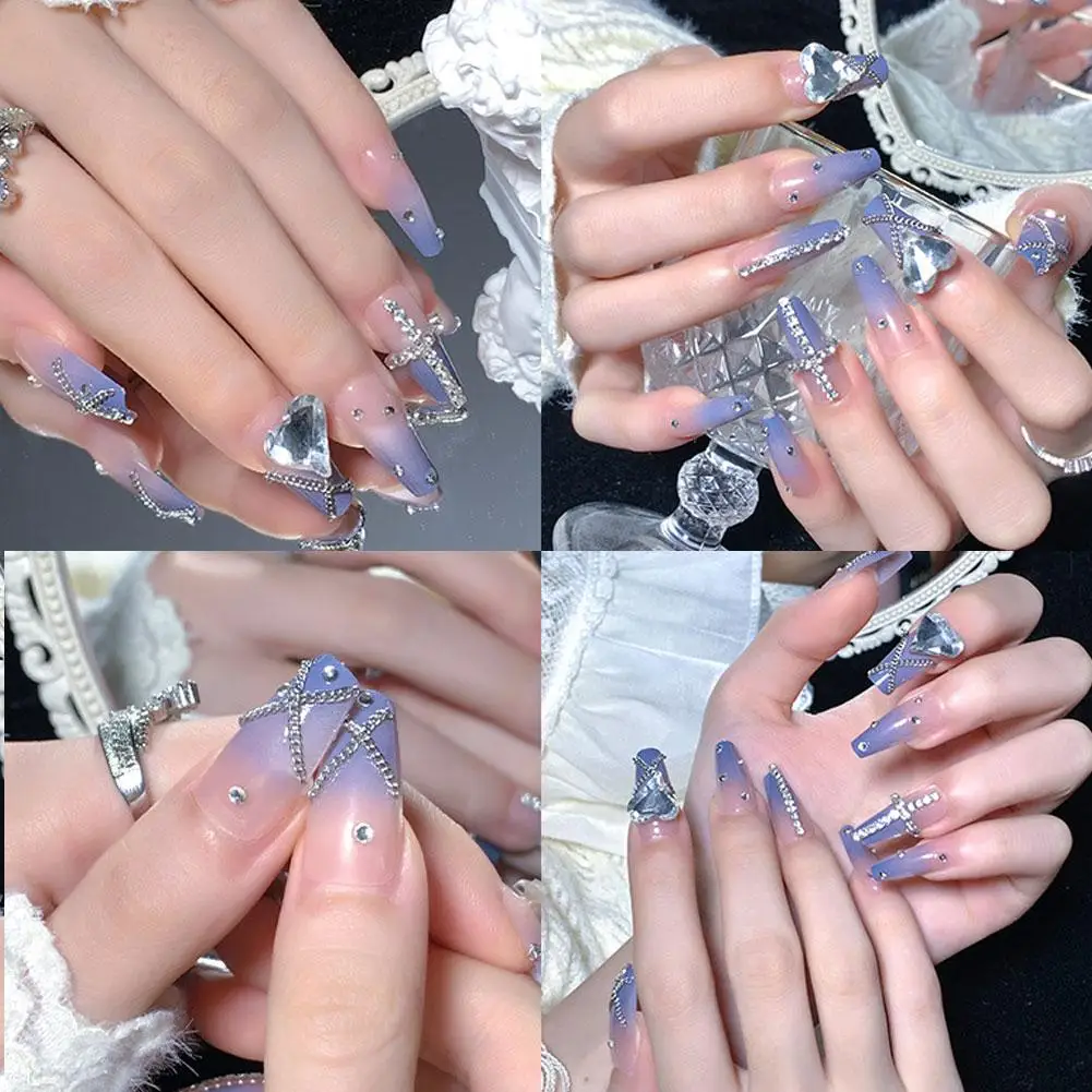 Fashion Wearable French Fake Nails Removable Rhinestone Full Cover Square ﻿ Nail Head Art False Nail Gradient Girls K6L4