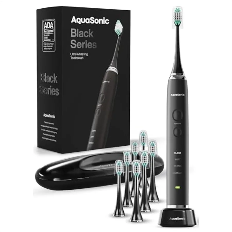 فرشاة أسنان Aquasonic Black Series فائقة التبييض ADA فرشاة أسنان كهربائية مقبولة 8 رؤوس فرشاة حقيبة سفر 40000 VPM كهربائية