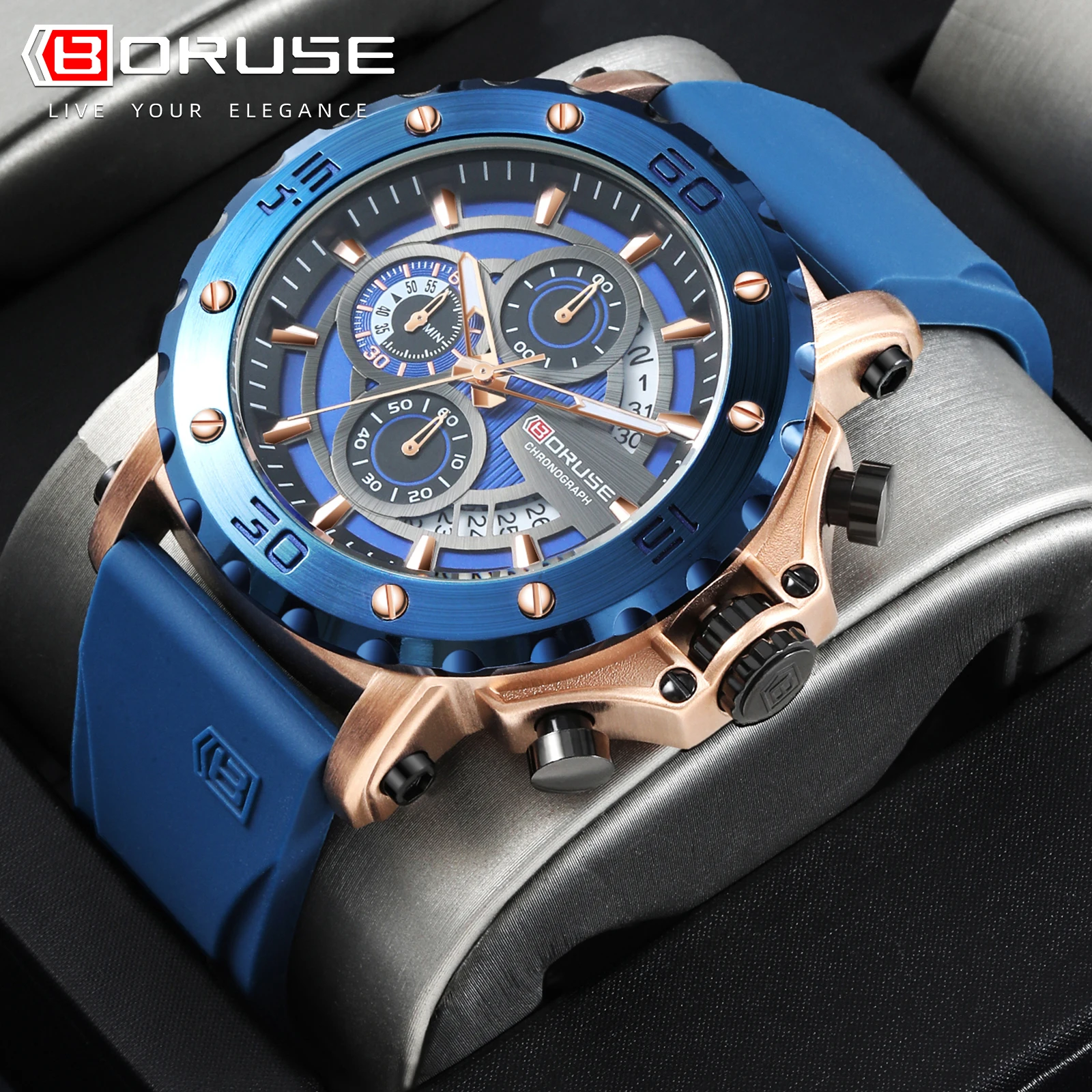 BORUSE Fashion Blue Watches for Men Luxury Chronograph Wristwatch Waterproof Military Silicone Watch Men Sport Luminous