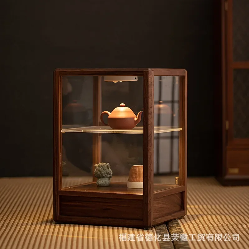 Modern Walnut Wood Glass Display Cabinet Multi Layer Dustproof Showcase for Figures Ornaments Tea Sets Home Decor Storage