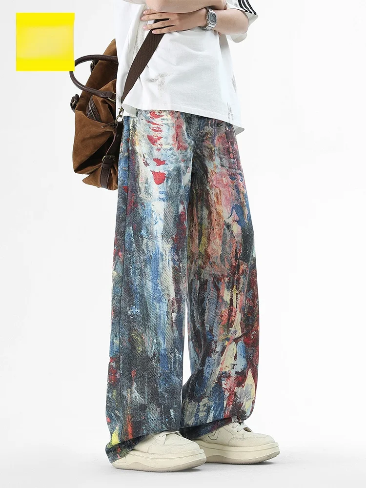 

Gu Summer American Retro Graffiti Casual Pants Men's Trendy Wide Leg Floor Length Dirty Dyeing Versatile Thin Long Pants
