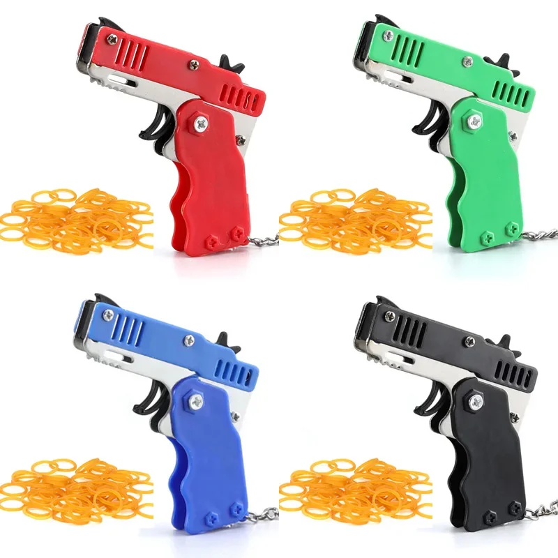 Party Game Mini Keychain Rubber Band Gun Toy Metal Folding Rubber Band Launcher Toy Gun Shooting Pistol Kids Outdoor Activities