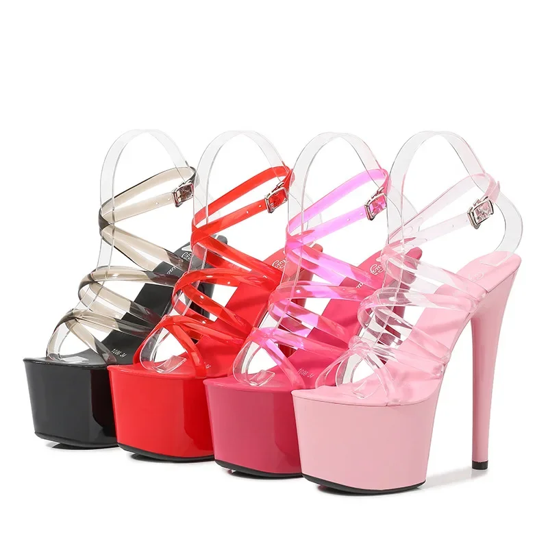 2025 Mclubgirl Sandali in pelle verniciata Tacchi alti speciali Fine Sexy Tacchi con plateau neri Sandali ultra alti Estate da donna LFD