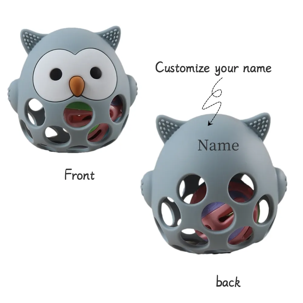Personalized baby teether custom name silicone rattle toy cute owl with bell teething toy