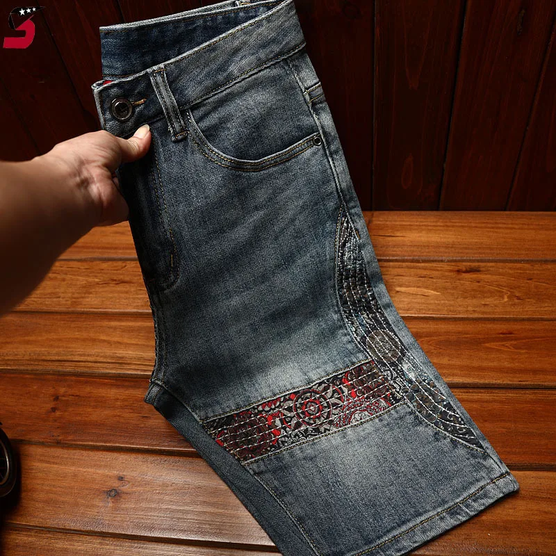 High-end trendy jeans short men\'s summer stretch slim-fit embroidery Korean style personality fashion casual cropped pants