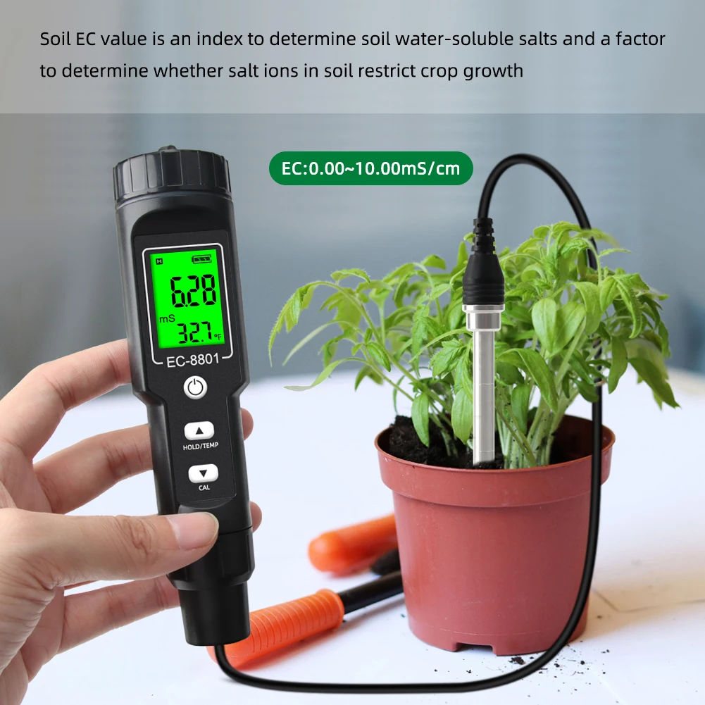 Multi-function Soil EC Tester LCD Digital Thermometer Waterproof Backlight Detachable Probe Automatic Temperature Compensation