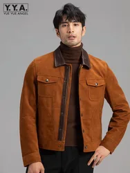 Luxury Men Autumn Goatskin Suede Leather Jacket Slim Fit Short Single Breasted Spliced Business Casual Work Genuine Leather Coa