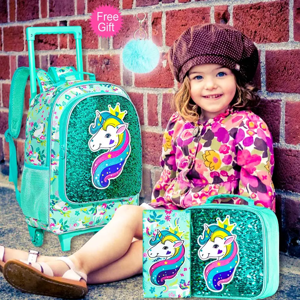 3PCS Rolling Backpack for Girls Kids Roller Wheels Bookbag with Lunch Bag Green Unicorn Glow-in-the-dark Function