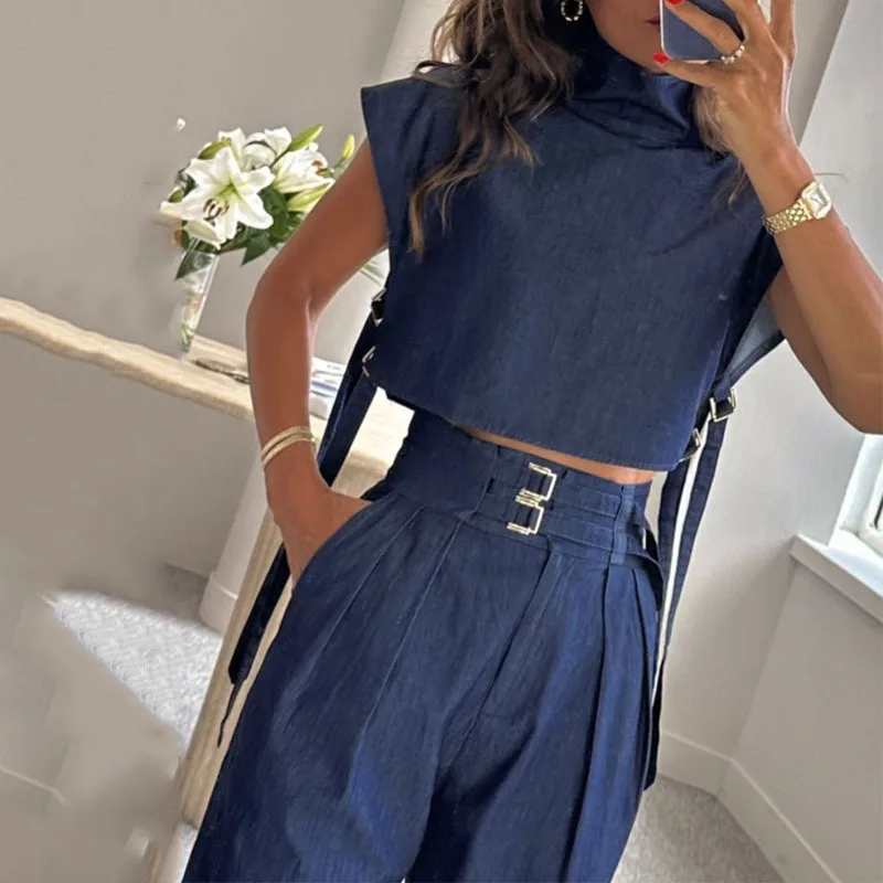 Women\'s Two Piece Outfits 2024 Summer Casual Sleeveless Top & Fashion High Waist Loose Pants Set New Female Suit