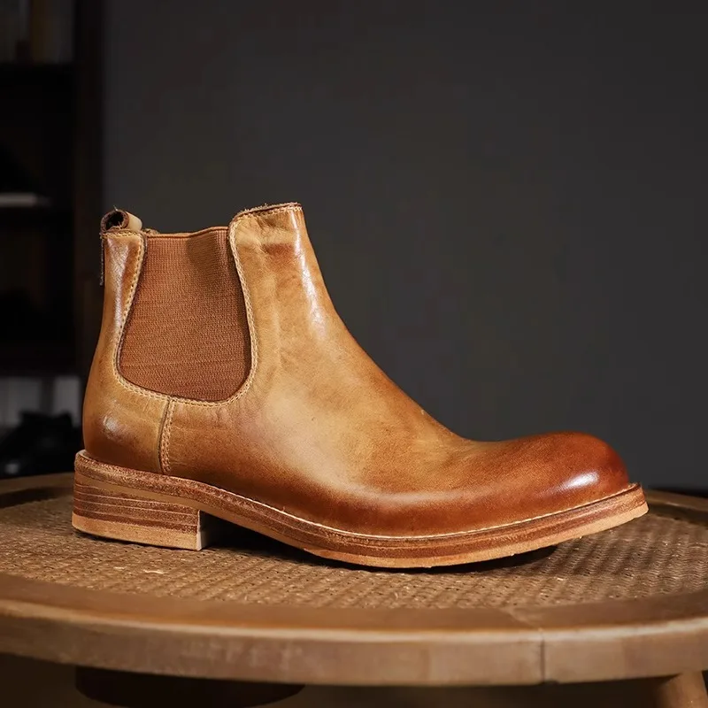

Handmade Vegetable Tanned Cowhide Men Chelsea Boots British Style Business High Top Boots Round Toe Premium Outdoor Work Shoes