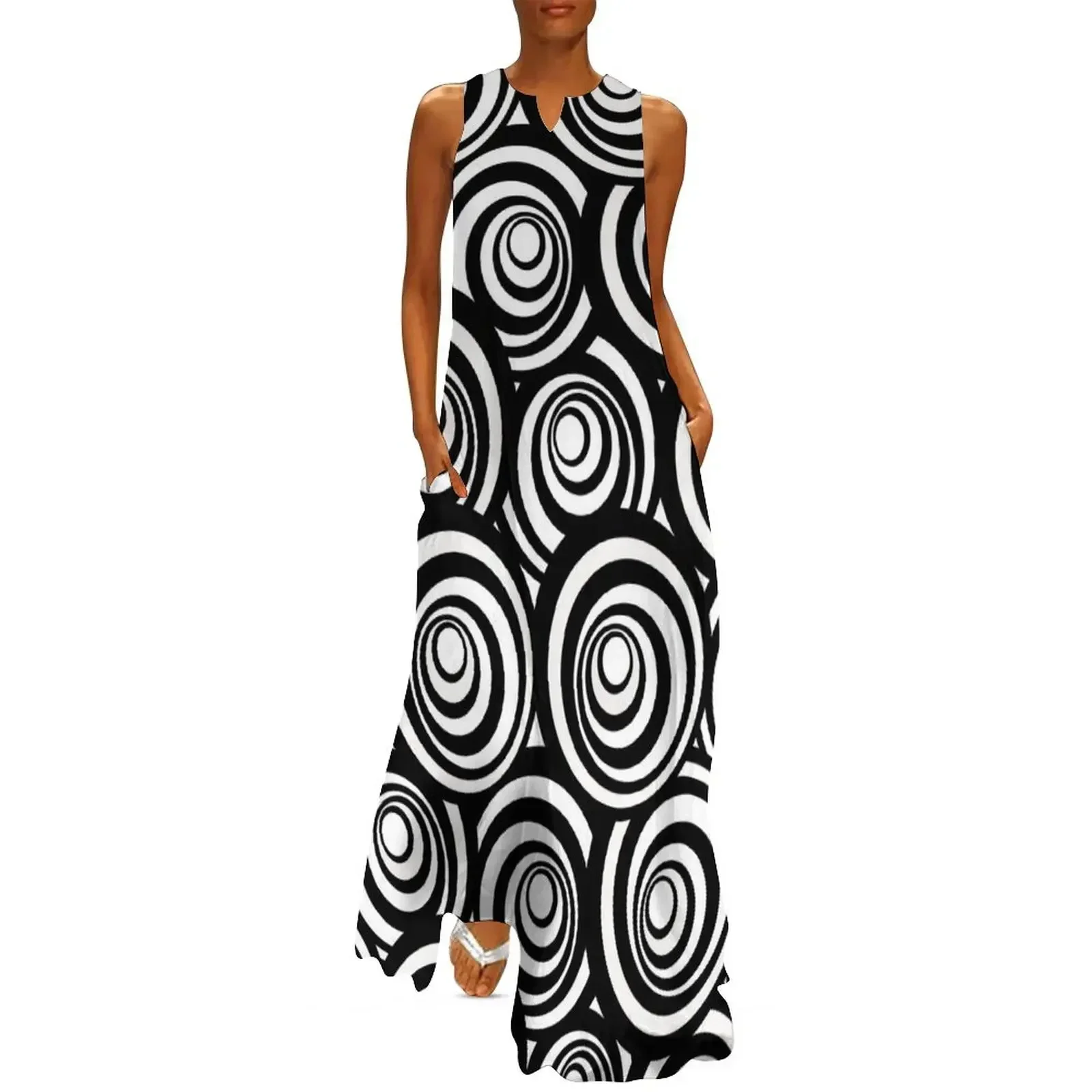 

Retro Black and White Circles Op Art Long Dress Women's clothing dresses for woman Woman clothing Dress