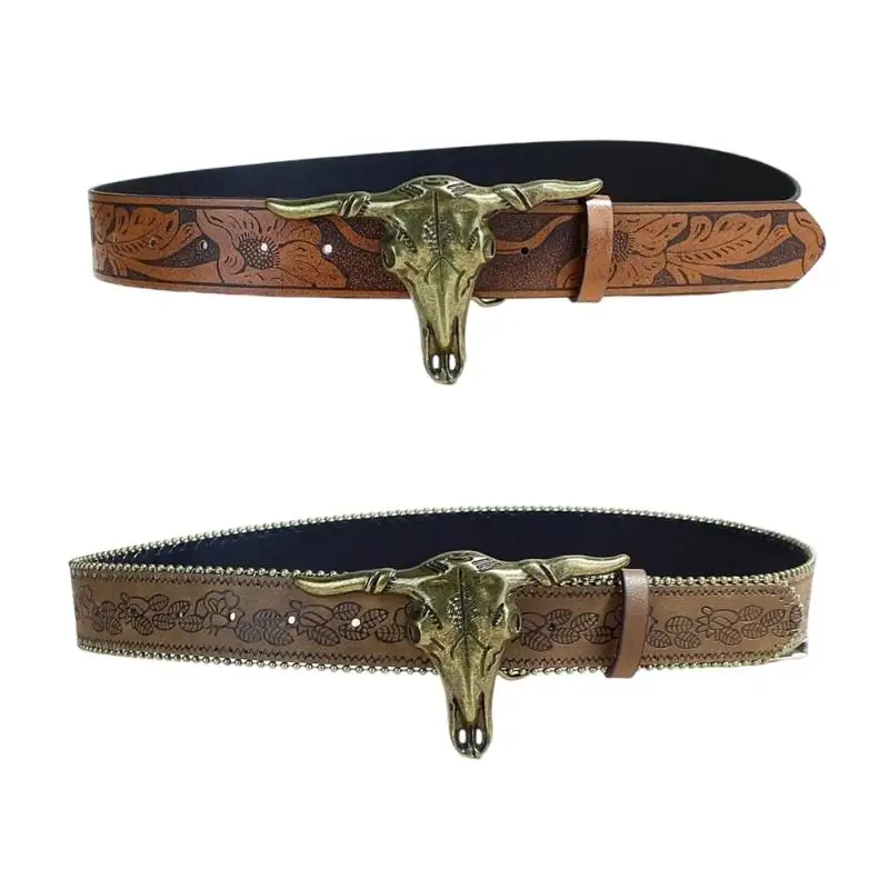 

652F Stylish Waistband Cowboy Carved Belt With Metal Buckles Flexible Sizing For Casual Formal Wear