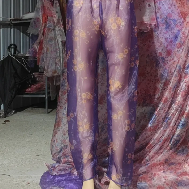 

Plus Size Loose Trousers Sexy Men Erotic Ruffled Lantern Pants Women Purple Floral Soft Silky Transparent Organza Pajamas Pants