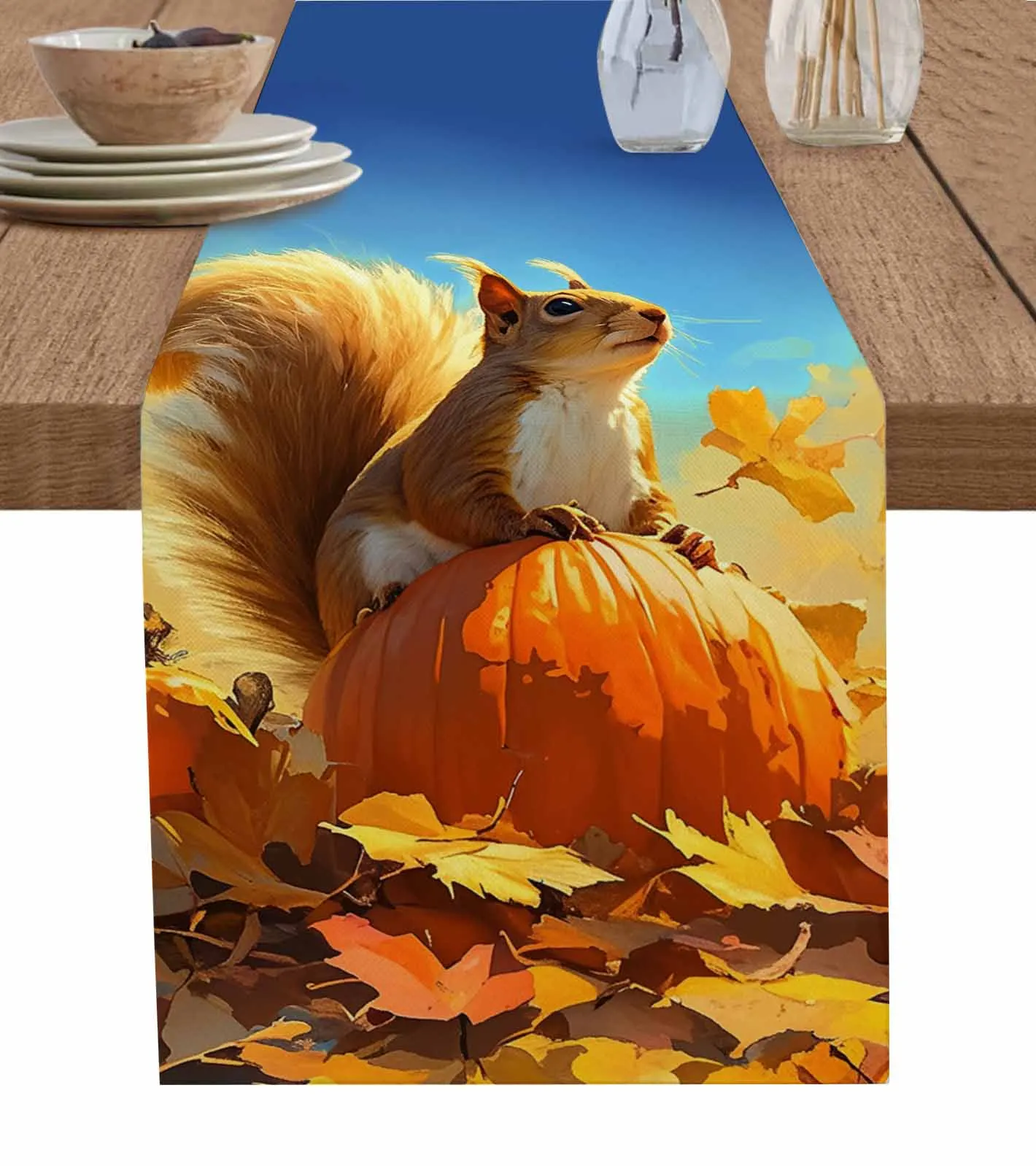 Squirrel Pumpkin Maple Leaf Table Runner Cotton Linen Wedding Table Decor Tablecloth Kitchen Decor Table Runner