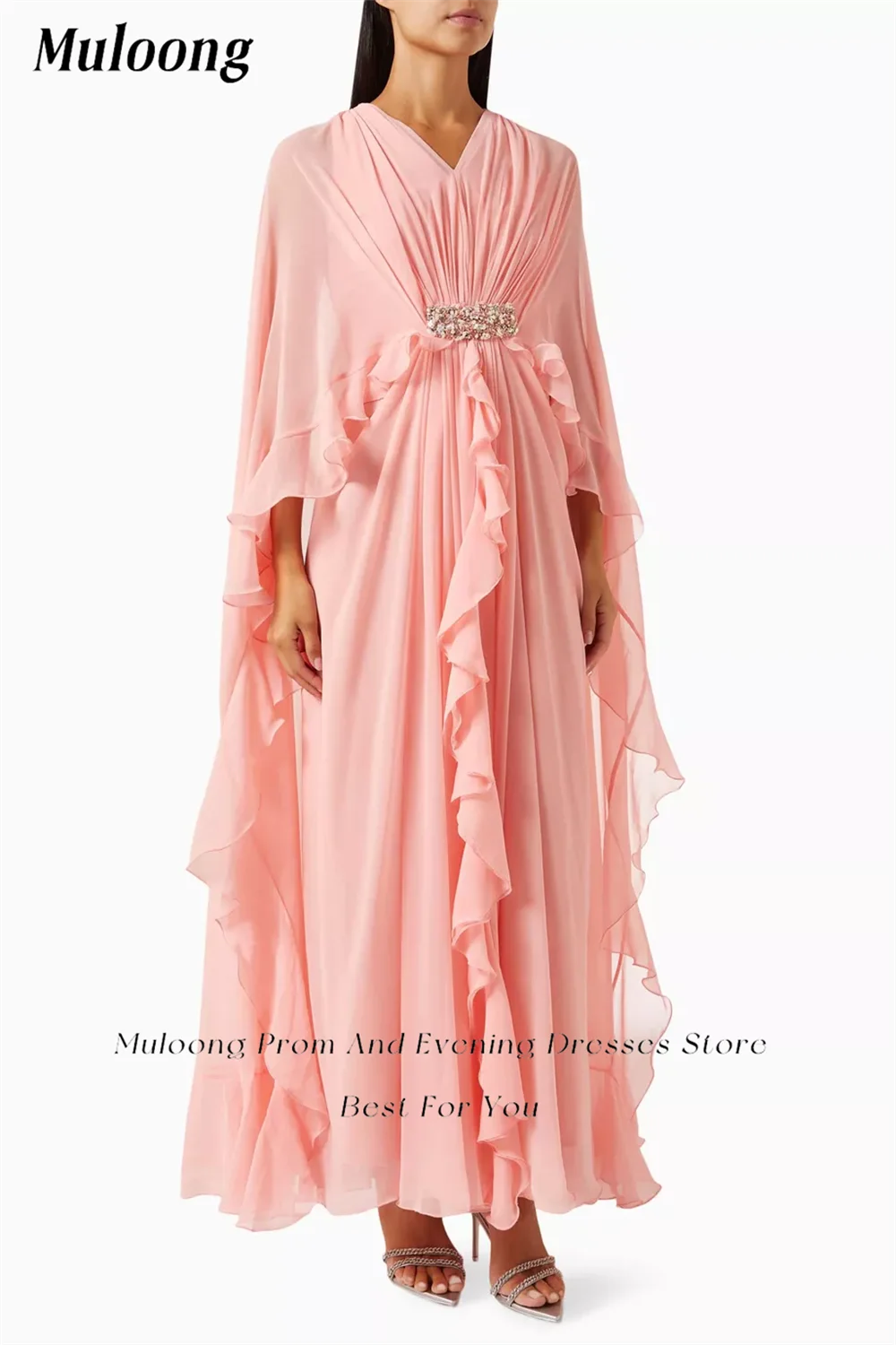 Muloong-Robe Maxi Rose à Col en V, Ligne A, Manches Cape, Volants Tonaux, Longueur de Rincage, Robe de Soirée Classique, Perles, Robe de Bal Arabie Saoudite