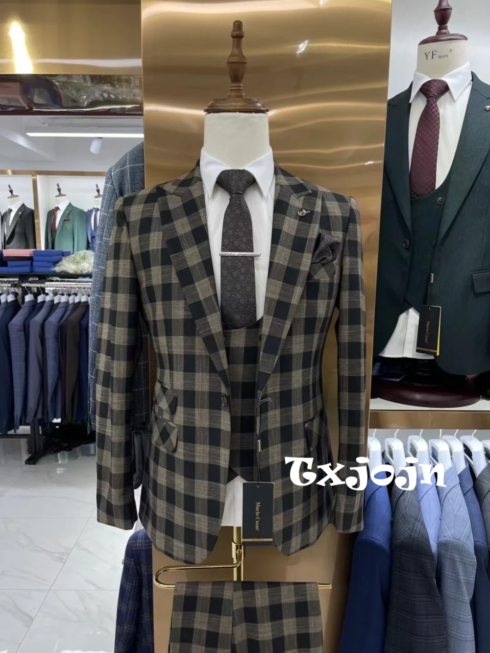 Clássico xadrez conjunto de terno de negócios para homens ternos masculinos de alta qualidade 3 peças blazer colete calças casamento melhor homem smoking personalizado