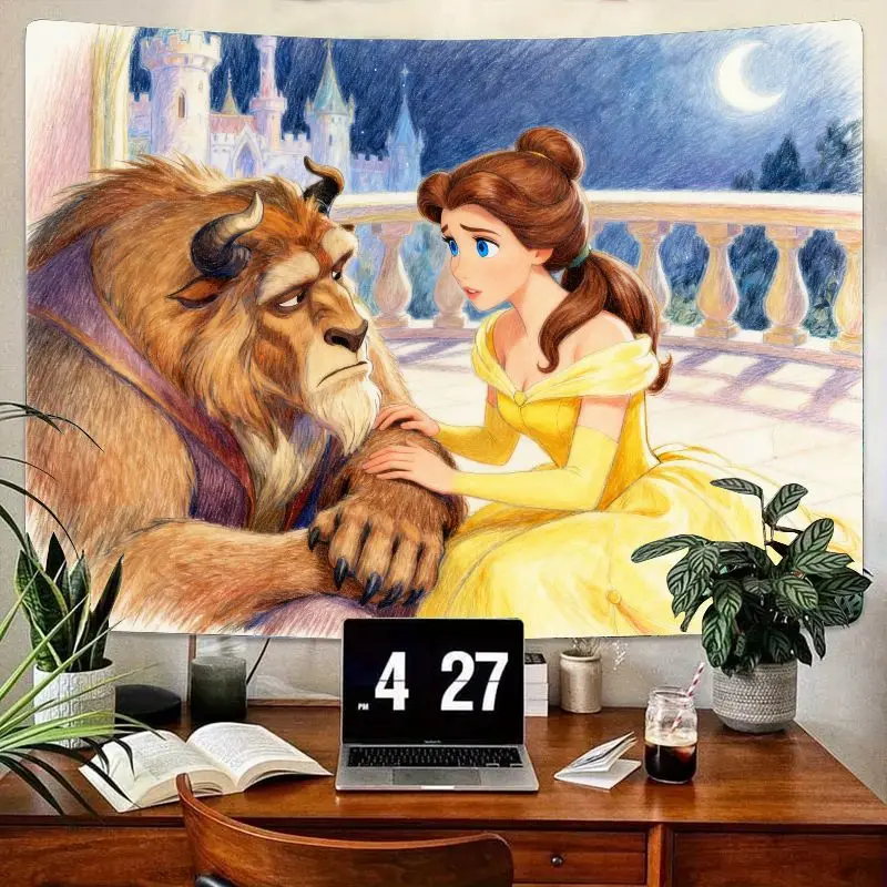 

Романтический гобелен Disney Beauty & the Beast, сказочное настенное искусство Belle & Beast, современный полиэстер, принцесса для спальни, гостиной