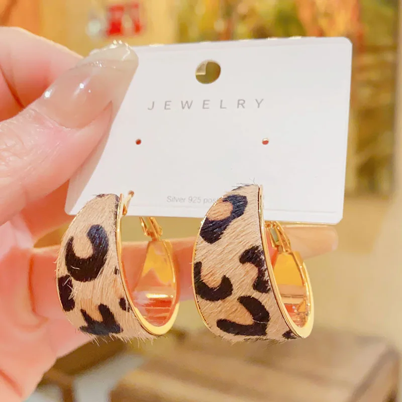 Retro geometric wide-edge leopard print circle earrings, women's autumn and winter models, high-end exaggerated niche temperamen
