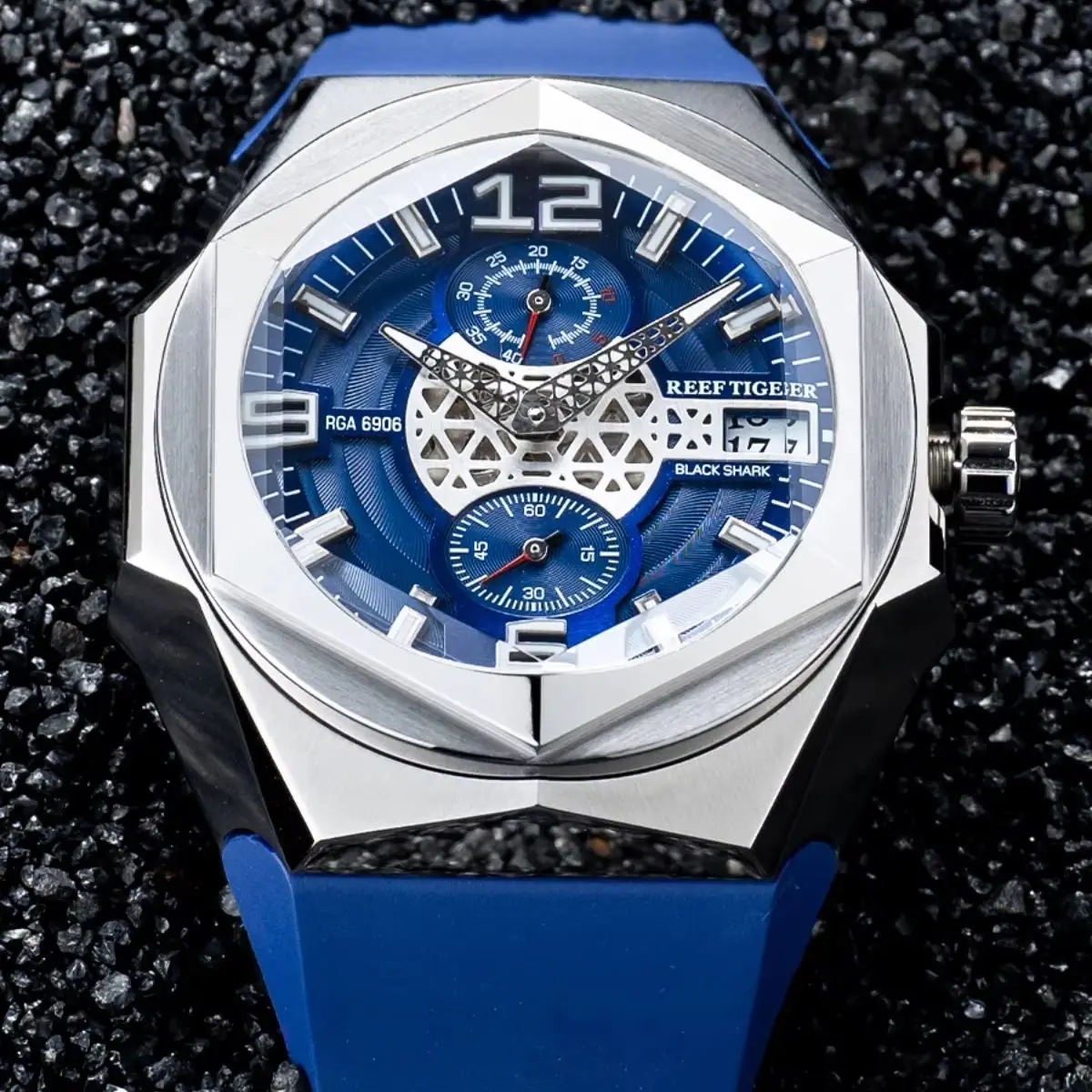 

Мужские автоматические часы Reef Tiger, 43 мм, механические наручные часы со светящимися стрелками, сапфировый шестиугольный безель, башня, кран, циферблат