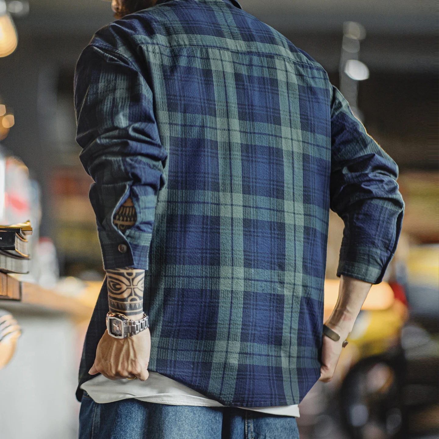 Мужская винтажная сине-зеленая клетчатая рубашка Maden, хлопковые рубашки с длинными рукавами, однобортная блузка с вышивкой рыбы на весну и осень