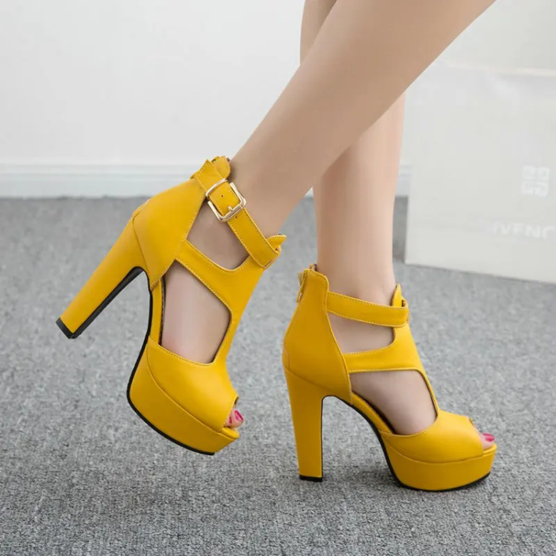 

Sianie Tianie Woman Gladiator Shoes High Heel Sandals Spring Summer Peep Toe T-Strap Platform Spike Heels Zip Yellow Size 12 46