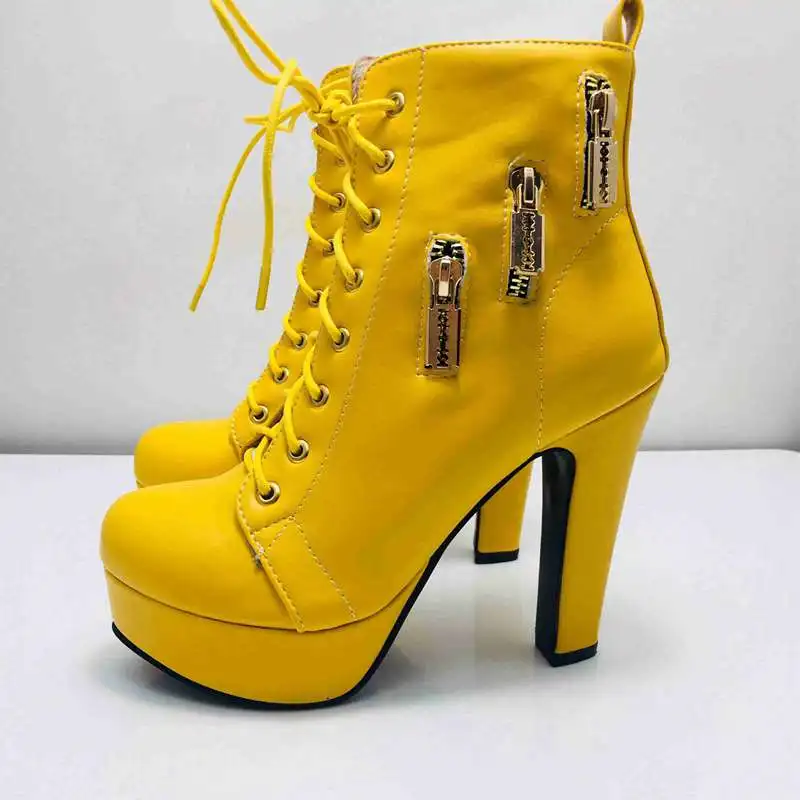 REAVE CAT Ladies Boots Ankle 10.5cm Round Toe Platform 2.5cm High Block Heel 12cm Lace-up Decoration Big Size 34-50