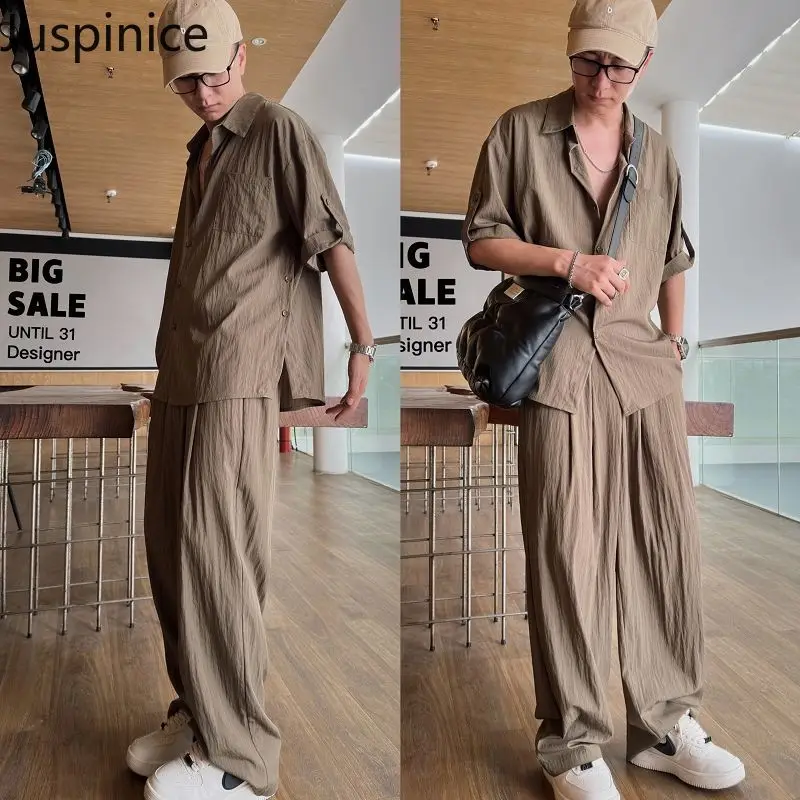 

Summer Light Short-sleeved Shirt Trousers Suit Men's Loose Casual Handsome Simple Personalized Tops Pant Set Male Clothes