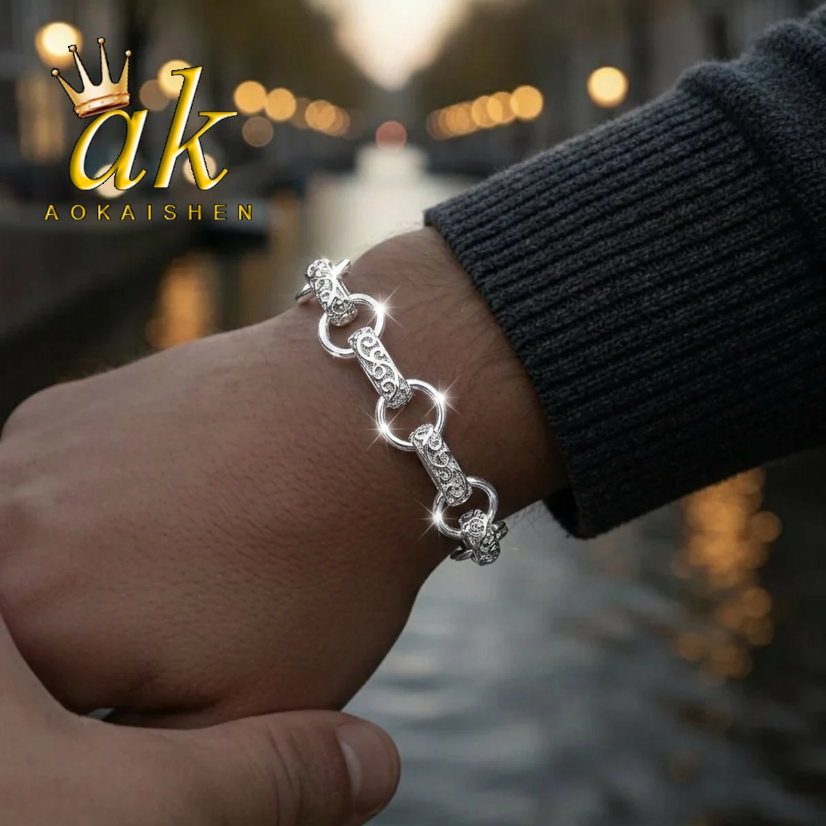 Aokaishen Pattered GYPSY Link Bracelet for Men Albert Clasp Real Gold Plated Hip Hop Jewelry