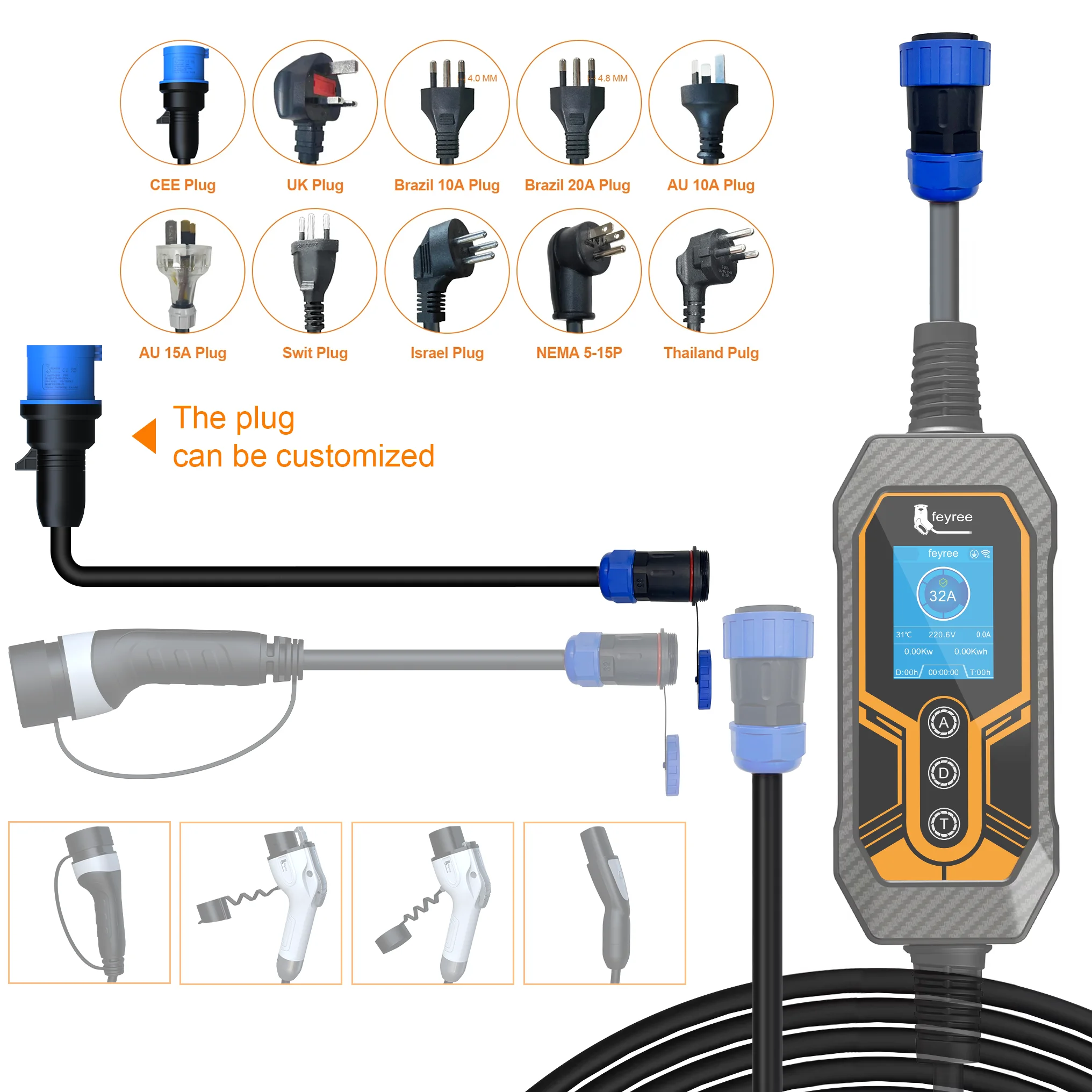 Feyree 7kW Portable EV Charger Replaceable Power Side Plugs Compatible with Multi-Country Charging Standard for Universal Use