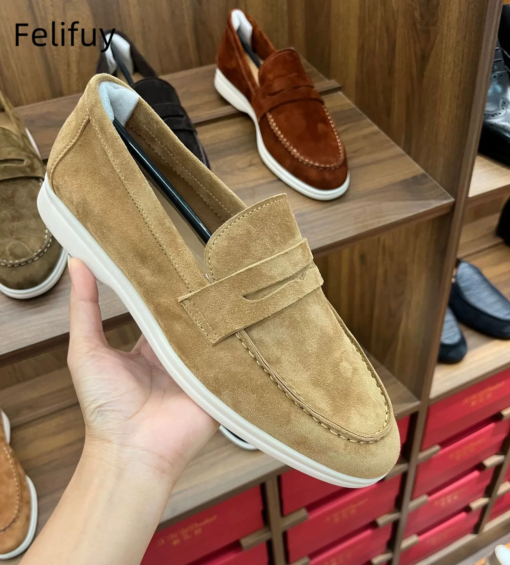 British Style Cow Suede Flats Loafers for Men Casual Slip-On Business Genuine Leather Men's Driving Shoes Breathable Flat Shoes