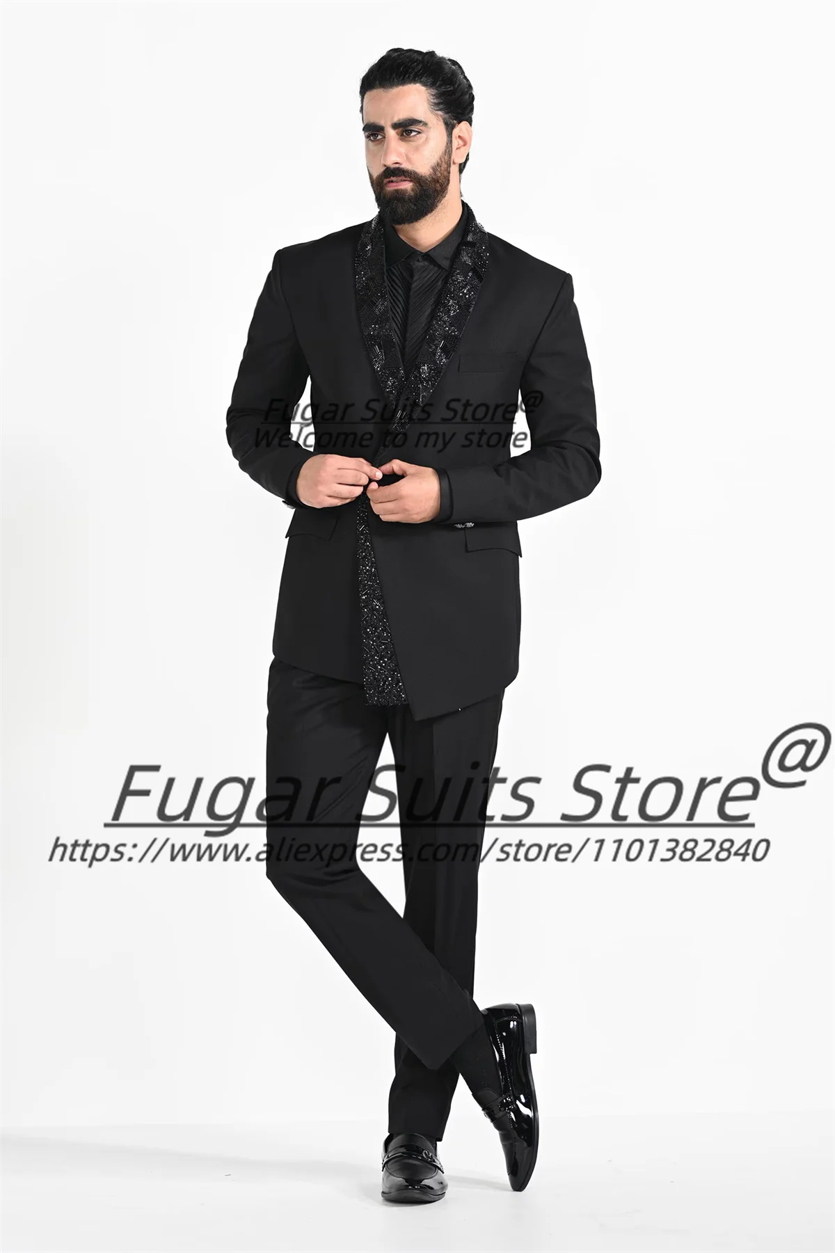 

Luxuly Black Shiny Pearl jewelry Men Suits Customized Slim Fit Shawl Lapel Groom Wedding Tuxedos 2 Pieces Sets Costume Homme
