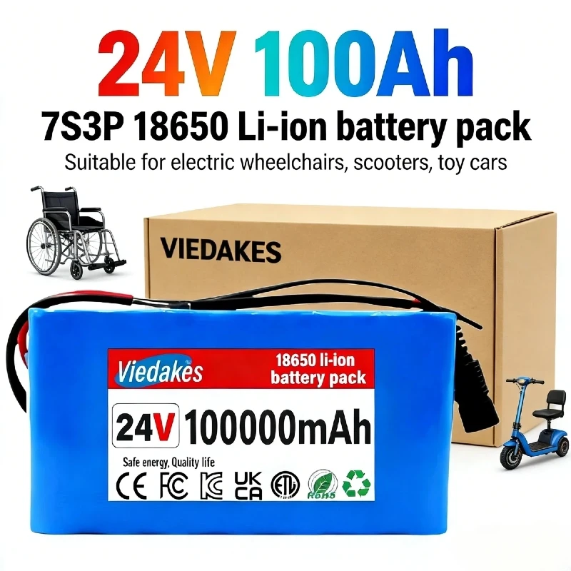 

24V 100Ah 7S3P Battery Pack with BMS 29.4V 2A Charger for Electric Wheelchair Scooter Portable Power Supply